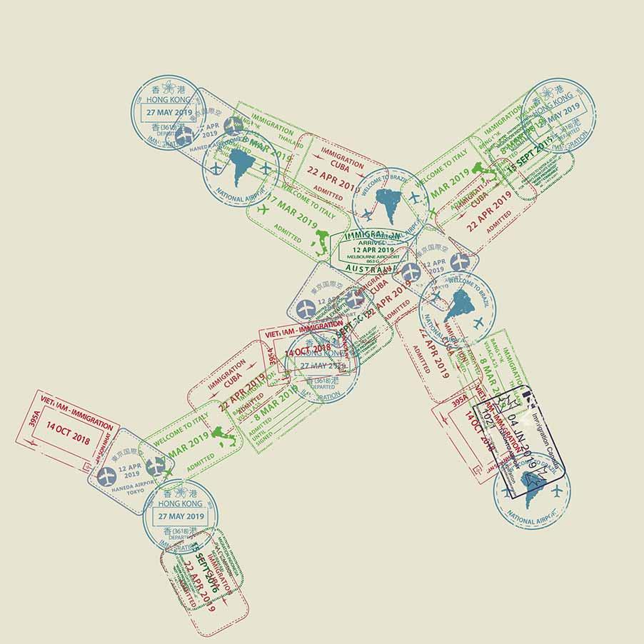 Visa stamps in an airplan form