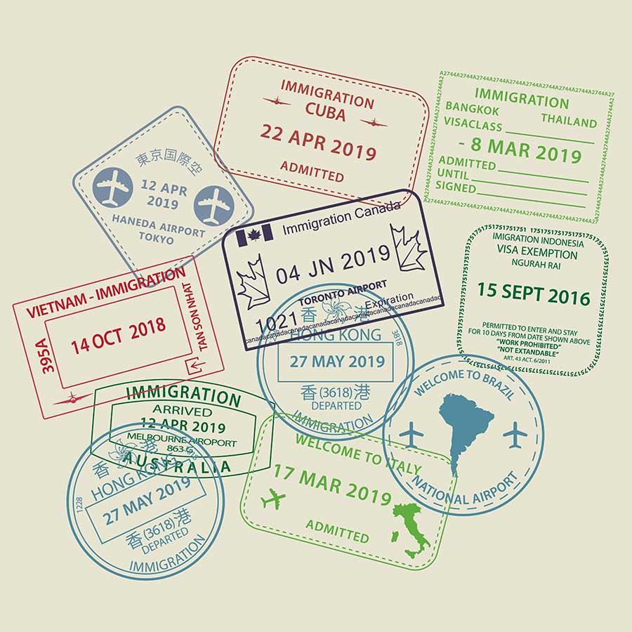 Set of International travel visas passport stamp icons