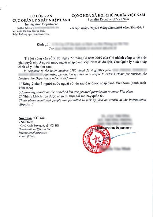 Vietnam visa approval letter example page 1