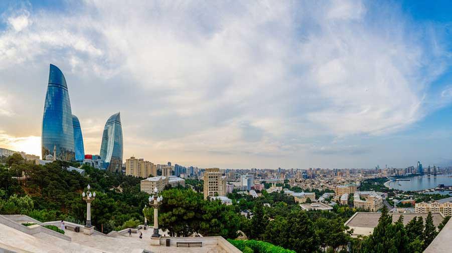 Overview panorama of central city business district in the sunset - Baku