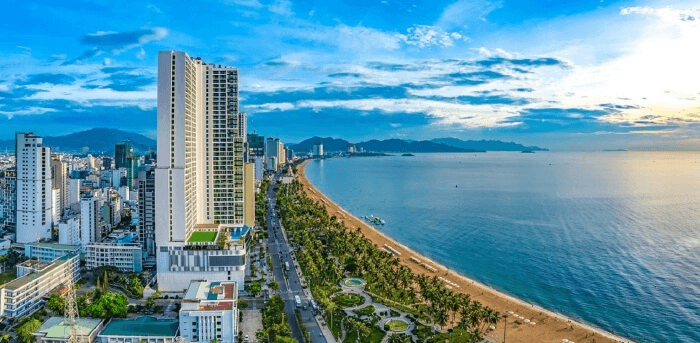 Panoramic view of Nha Trang beach with turquoise water and coastal cityscape